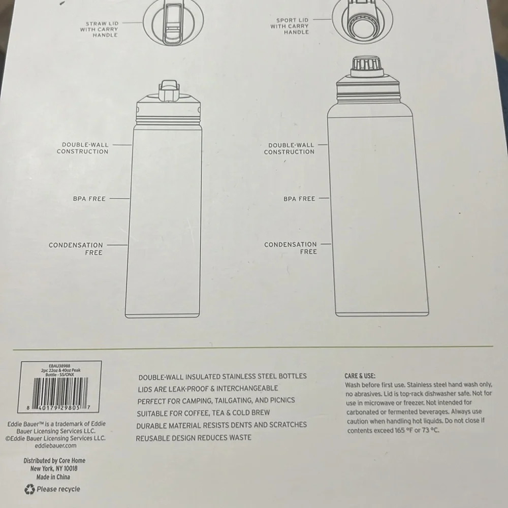 Eddie Bauer Peak Hydration Set (2 Piece) Interchangeable Lids 40 Oz & 22 Oz